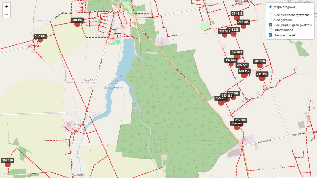 Mapa gminy z działkami, przebiegiem linii i szacowaną kwotą roszczenia przy każdej z nich